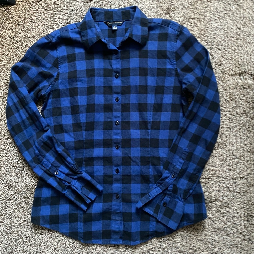 Brooks Brothers Women’s Shirt Size 2 Navy Blue Plaid Flannel Button Down, B07